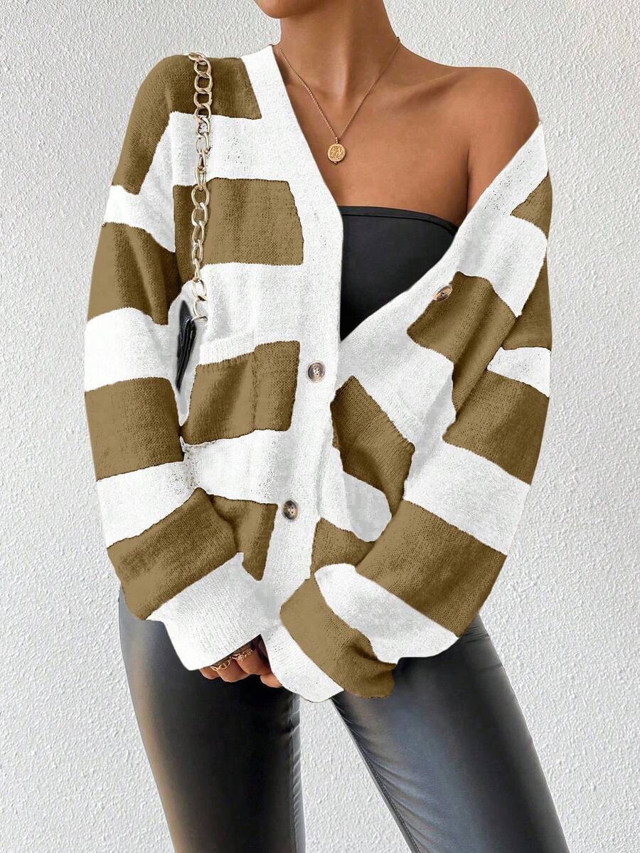 EMERY ROSE 新款秋冬条纹仿貂绒女式开衫 - 棕色 - 查看 1