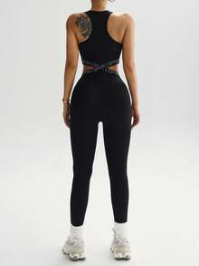 Dewbera Bộ đồ liền thân thể thao dành cho nữ, cổ chữ U, eo chun, lưng chéo, dài 3/4, phù hợp mặc hàng ngày, chạy bộ, yoga, tập gym - màu đen - Xem 6