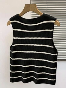 INAWLY 女式撞色系带无袖毛衣背心 - 黑色 - 查看 2