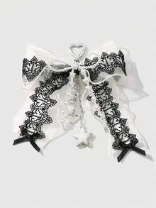 ROMWE Kawaii 1 件 Y2K 风格手工串珠钥匙扣，配人造珍珠、黑白蕾丝蝴蝶结、心形、星形吊坠装饰，复古哥特式时尚配饰，适合女士、女孩日常穿着、节日礼物、万圣节 - 多色-23 - 查看 1