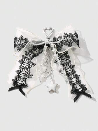 Kawaii 1 pezzo Portachiavi stile Y2K fatto a mano con perle finte, fiocco in pizzo bianco e nero, ciondoli a forma di cuore e stella, accessori di moda gotica vintage adatti per donne e ragazze per uso quotidiano, regalo per le vacanze, Ognissanti