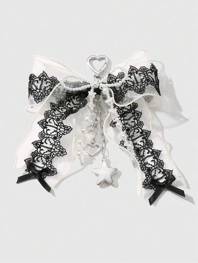 Kawaii 1 pieza Llavero hecho a mano con estilo Y2K con cuentas, lazo de encaje blanco y negro, colgante con forma de corazón y estrella, accesorio de moda gótico vintage adecuado para uso diario de mujeres y niñas, regalo para vacaciones, Halloween