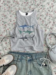 SHEIN EZwear Casual Minimalist Shark Animal Print Plus Size Tank Top, Suitable For Summer Back To School - Multicolor - View 5