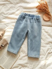 Vintaside Kids Baby Boy's Autumn/Winter Plush Lined Fashionable Versatile Simple Washed Denim Pants, Suitable For Casual Wear At Home, Leisure Outings Or Shopping Fall - Blue - View 2