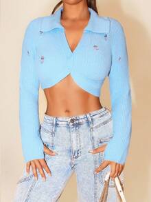 SHEIN Foxxy Women's Short Knitted Cardigan, New Arrival For Winter Fall Cloth For Women - Blue - View 3