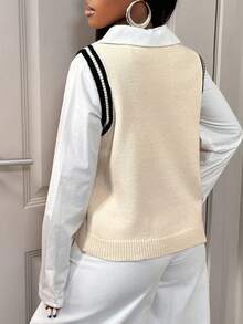 BamGleam Women's Knit Vest, Black & Beige Color Block, Sleeveless, Round Neck, Loose, Casual, Street Style - Apricot - View 2