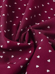 Plus Size Women Frill Trim Round Neck All-Over Print Lantern Sleeve Fashionable Blouse - Burgundy - View 5