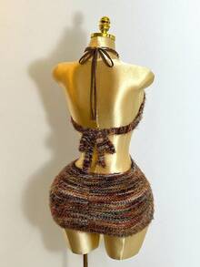 Mistrie Women's Brown Striped Boho Faux Knit Mini Dress,Halter Neck Tie Detail Front Cut-Out Beaded Summer Vacation Dress For Music Festivals Halloween - Brown - View 3