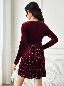SHEIN Robe longue à manches longues rouge élégante en velours patchwork étoile en forme de ligne A pour adolescentes - Rouge - Voir 2