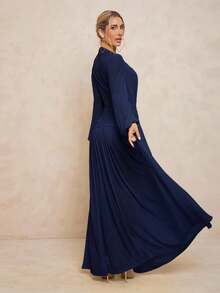 Lumalex Damen extra langes Kleid mit Leggings, transparenter V-Ausschnitt, Puffärmel, geraffter Bindedetail, abnehmbarer Metallschnalle und Oversized Rock - marineblau - Übersicht 2