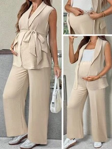 SHEIN 孕妇纯色束带背心西装外套和阔腿裤两件套两件套裤套装孕妇装孕妇两件套孕妇装两件套米色两件套 - 杏色 - 查看 1