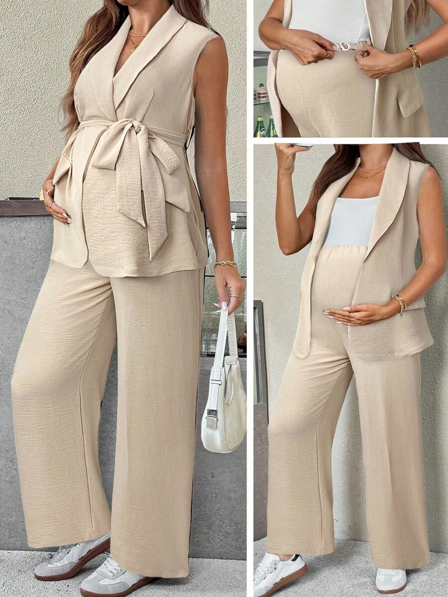 SHEIN 孕妇纯色束带背心西装外套和阔腿裤两件套两件套裤套装孕妇装孕妇两件套孕妇装两件套米色两件套 - 杏色 - 查看 1