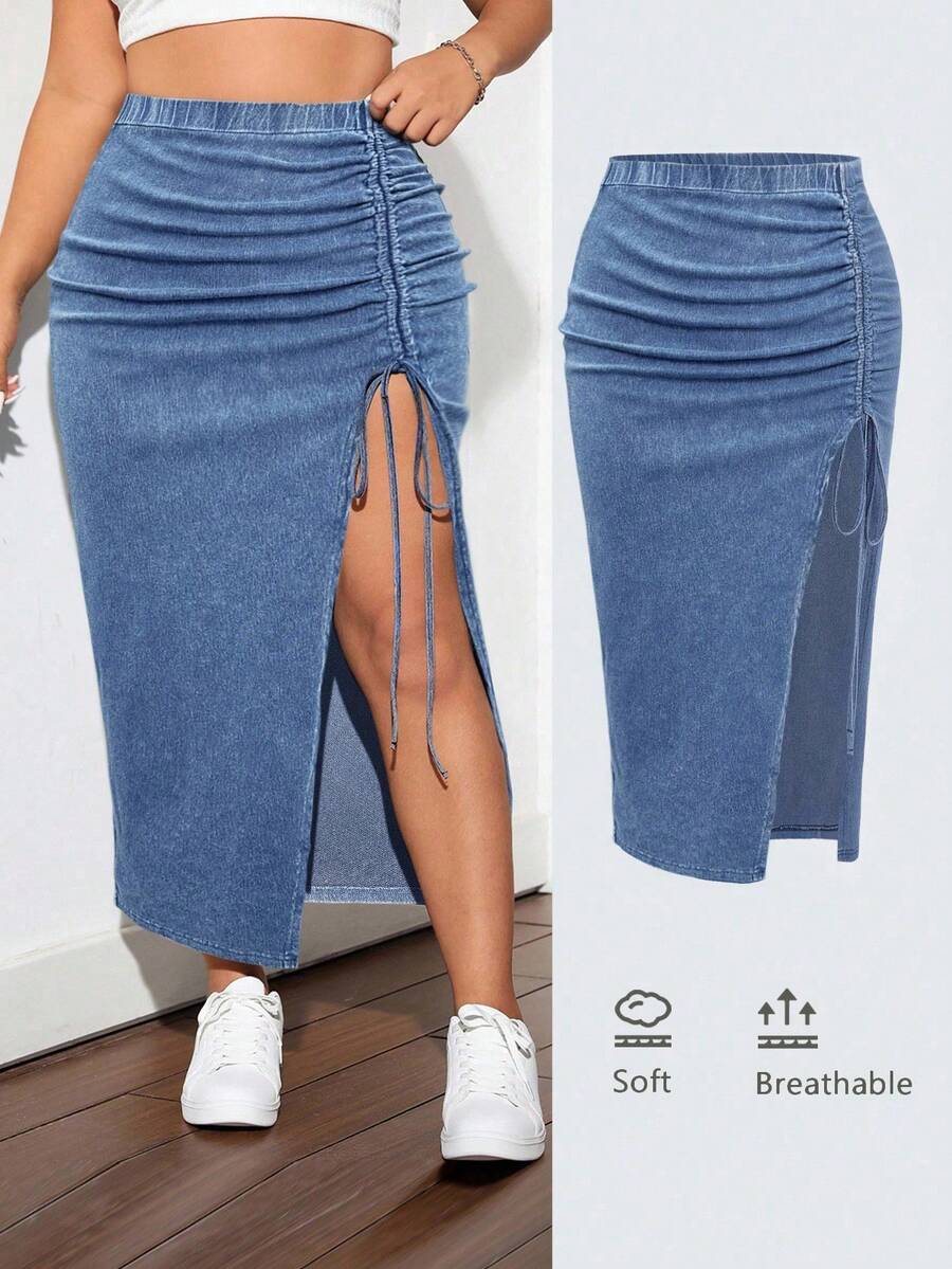 SHEIN ICON Chân váy denim mini cỡ lớn, xẻ tà co giãn đơn giản màu xanh lam - Rửa nhẹ - Xem 1