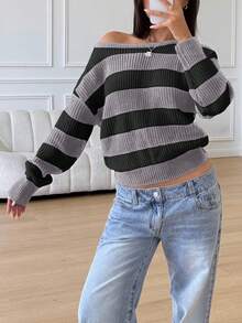 SHEIN Tween Girl Casual Striped Colorblock Off-Shoulder Loose Batwing Long Sleeve Sweater, Autumn/Winter