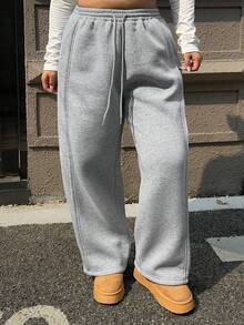 Dazy Plus Elastic Waist Loose Casual Thermal Lined Thick Long Pants For Plus Size Women, Autumn/Winter