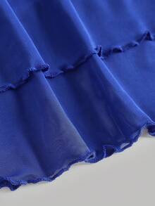 SHEIN Girlism 少女花卉印花针织网眼上衣和纯色迷你裙两件套，休闲 - 藍白色 - 查看 5