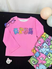 2 件套卡通彩色熊印花圆领长袖和长裤睡衣套装，适合年轻女孩