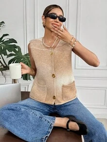 SHEIN Frenchy Women's White Autumn Casual Brunch Ombre Metal Single-Breasted Pocket Knit Sweater Vest,Gradient Coarse Sleeveless Cardigan,Retro Elegant Christmas - Multicolor - View 10