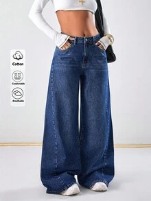 EURMUSE Mid Waist Dark Washed Wide Leg Jeans - Dark Wash - View 7