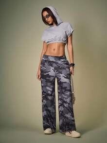 Y2Kool Vecteezy 女士迷彩印花宽松抽绳腰带运动裤阔腿裤迷彩裤女宽松裤女休闲时尚服装系列新年穿搭 - 深灰色 - 查看 6