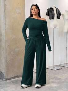 SHEIN EZwear 2 pezzi Tuta in maglia verde con manica lunga e pantaloni, vestibilità slim, taglie comode per donna