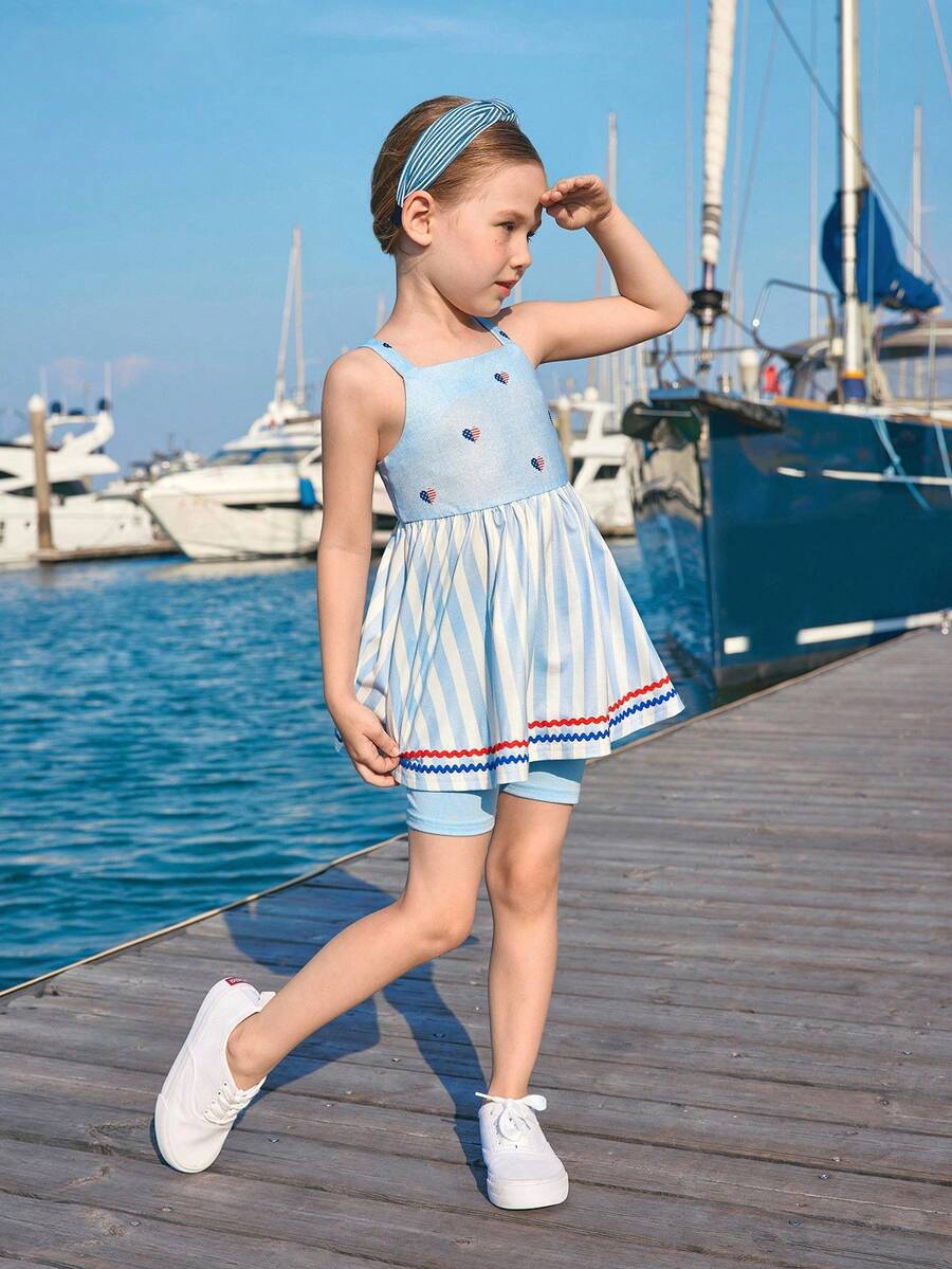Joliand Joliand 2 pièces/Set Jeune fille Top de camisole et short imprimé cœur élégant et drapeau national, adapté pour le casual, les voyages, la plage, les festivals - Multicolore - Voir 1