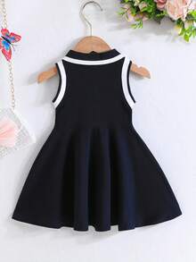 SHEIN Baby Girl Contrast Trim Half Button Sleeveless Dress For Summer - Royal Blue - View 2