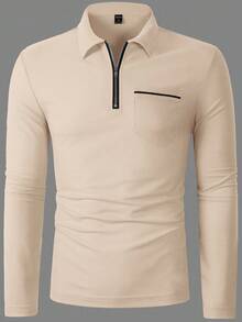 Manfinity Homme 男士休闲拉链长袖 Polo 衫，秋季，适合秋季 - 杏色 - 查看 4
