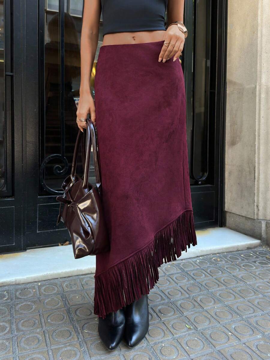 Aloruh 女士超长绒面革半身裙，勃艮第红安卡拉红复古浪漫波西米亚流苏拼接 A 字裙