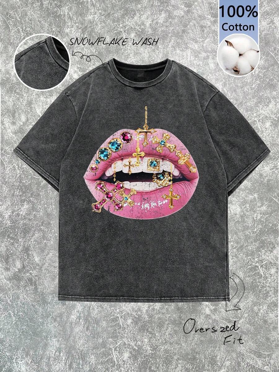 Tseoso 休闲简约街头风格唇彩和钻石印花宽松女式 100% 纯棉黑色水洗圆领短袖 T 恤，适合夏季 - 黑色 - 查看 1