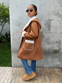 SHEIN 少女纯色短款加绒双口袋保暖中长连帽休闲外套，秋冬外套，少女抓绒外套，彼得潘风格 - 棕色 - 查看 2