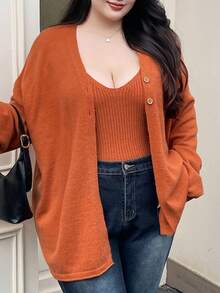 Dazy Plus 2 件大码女士宽松纯色 V 领开衫毛衣套装，休闲秋冬