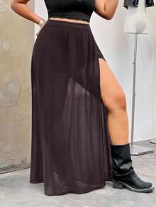 SHEIN EZwear Plus Size Chiffon Semi-Sheer Slit Skirt - Brown - View 4