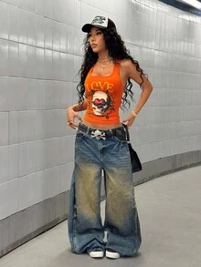 StreetHx Women's Summer Street Subculture Skull Print Fitted Cropped Orange Camisole Top