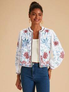 Travachic 女士时尚度假休闲开襟刺绣轻便夹克白色和服女式秋冬和服夹克 - 白色 - 查看 3