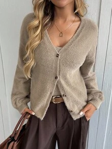 SHEIN LUNE Bộ 2 áo len cardigan dáng rộng thoải mái dành cho nữ, áo hai dây và áo khoác cardigan cài nút phía trước, áo khoác cardigan màu nâu, áo khoác cardigan màu nâu, áo len cardigan màu nâu, áo len cardigan cho mùa thu/đông - Màu nâu  Mocha - Xem 7