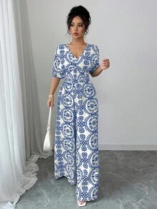 Elenzga Prendas de vestir de estilo de vacaciones, monos con cuello en V, manga abultada, cintura elástica y pierna ancha con falda incorporada