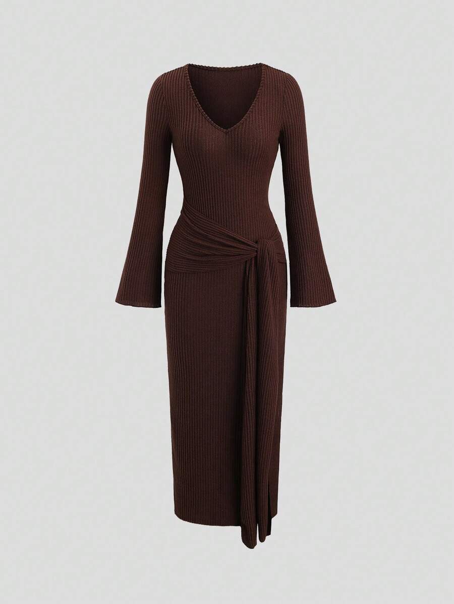 Sweetra Women's Solid Color Minimalist Long Sleeve Dress