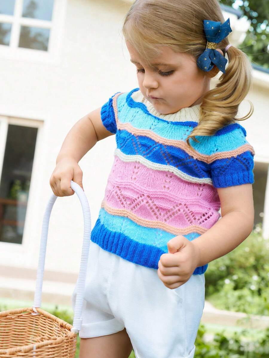 Joliand Joliand Cute & Versatile Colorful Striped Short Sleeve Knit Sweater For Baby Girls ColorfulJoy,In Fall/Winter - Multicolor - View 1