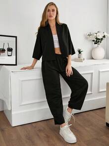 SHEIN Tall Set di due pezzi comodi e avvolgenti da donna, estivo, casual - nero - Visualizzare 5