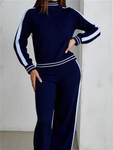 CasuGlow Women Stripe Hem Detailed High Neck Drop Shoulder Pullover & Sweater Pants Set Back To School Y2k Fall Women Clothes,Petite Co Ord,Co Ord,Petite - Navy Blue - View 4