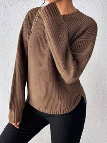 EMERY ROSE Women's Casual Solid Color Ribbed Crew Neck Sweater Fall Winter Cloth For Women - Brown - View 4