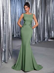 Glamrae 优雅莲花粉色针织船领 3D 花卉刺绣腰部透明美人鱼下摆连衣裙，适合约会、单身派对、毕业典礼、婚礼、正式晚会 - 綠色 - 查看 6