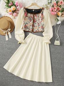 SHEIN 少女法式优雅提花拼接泡泡袖衬衫和 A 字中长裙套装 - 杏色 - 查看 1
