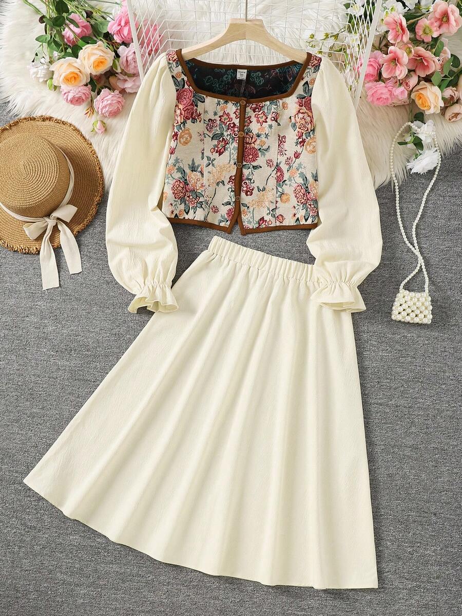 SHEIN 少女法式优雅提花拼接泡泡袖衬衫和 A 字中长裙套装 - 杏色 - 查看 1