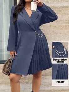 Calvaya Plus Size Elegant Solid Color Pleated Wrap Dress, Suitable For Commuting - Dusty Blue - View 7