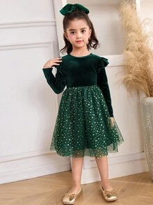 Vestido de fiesta, vestido de Navidad, estilo de palacio lujoso para niña joven con parches de terciopelo, malla brillante con estrellas - Verde - Ver 3