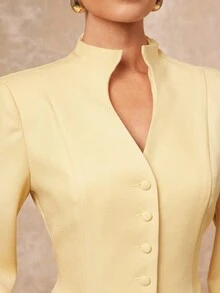 Lumalex Fall Winter Gathering Party Banquet Modest Old Money Coquette Glitter Holiday Party Rave Festival Outing Vacation Hot Outdoor Richly Layered Wedding Season Banquet Coming Of Age Ceremony Women's Solid Color Long Sleeve Single-Breasted Ruffle Hem Jacket And Straight Pencil Skirt Elegant Suit Set Blazer Dress For Women Butter Yellow Dress Skirt Suit Yellow Two Piece Set Luxury Prom Christmas New Year