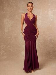 Lumalex Fall New Style WomenWinter Gathering Party Glamour Elegant Banquet Modest Old Money Coquette Glitter Holiday Party Glamour Elegant Rave Festival Outing Vacation Hot Outdoor Richly Layered Wedding Season Banquet Coming Of Age Ceremony Mesh Patchwork Flared Skirt See-Through Ruched Complex Structure Halter Backless Dress For Women Burgundy Evening Gown Long Formal Dress Deep V Neck Gown Ruched Evening Gown,Fall New Style WomenWedding Guest Dress