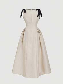 Vestido largo de elegante de mujer con pliegues en los hombros, nudo y cintura ceñida de unicolor - Albaricoque - Ver 2